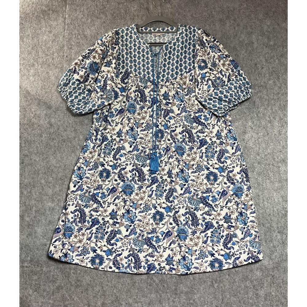 Knox Rose Dress Womens Medium Blue Floral Pockets Boho Tassel V Neck 3/4 Sleeve